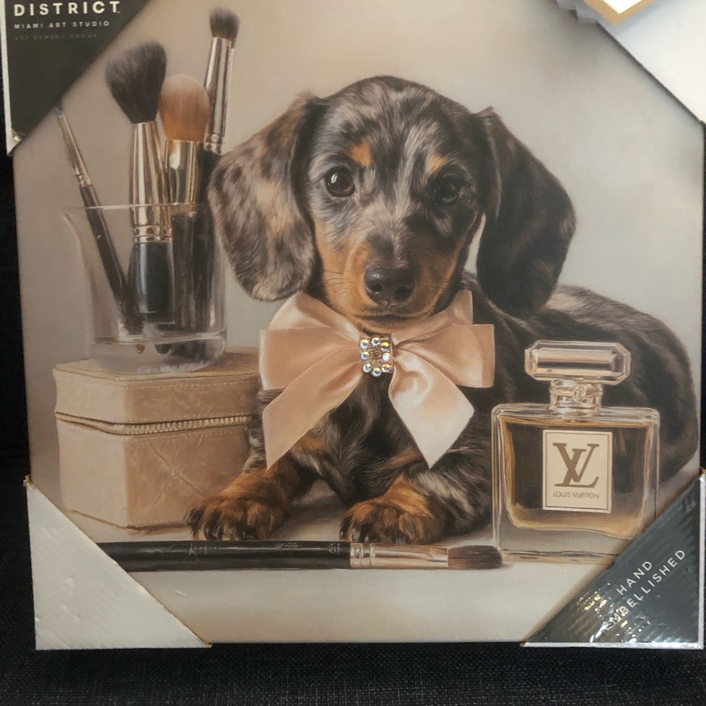 💄 Dachshund  Art Print with Satin Bow and Perfume & make up brushes
